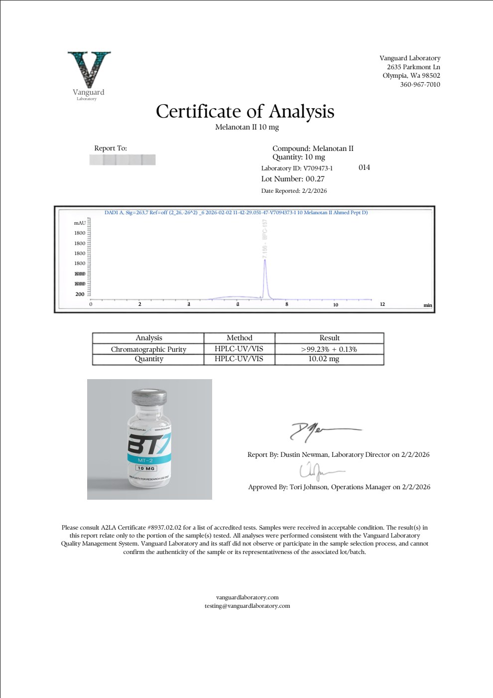Melanotan II Certificate of Analysis